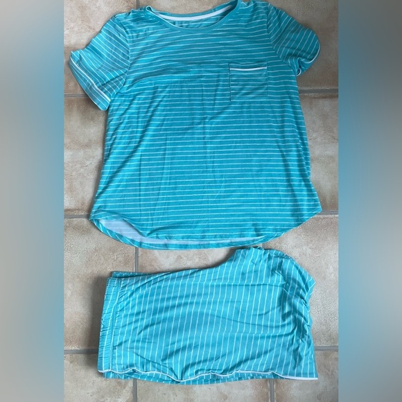 Cuddl Duds cotton blend short sleeve top / pants pajama set, striped; size L - Picture 1 of 9